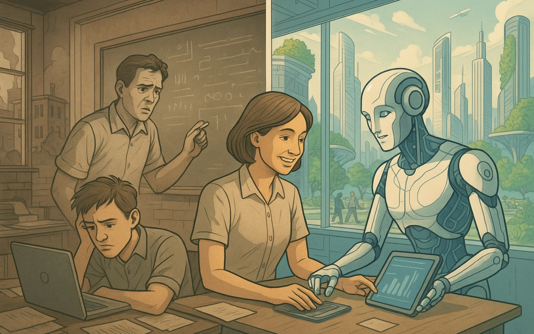 A human and a robot shaking hands, symbolizing future collaboration between humanity and artificial intelligence.